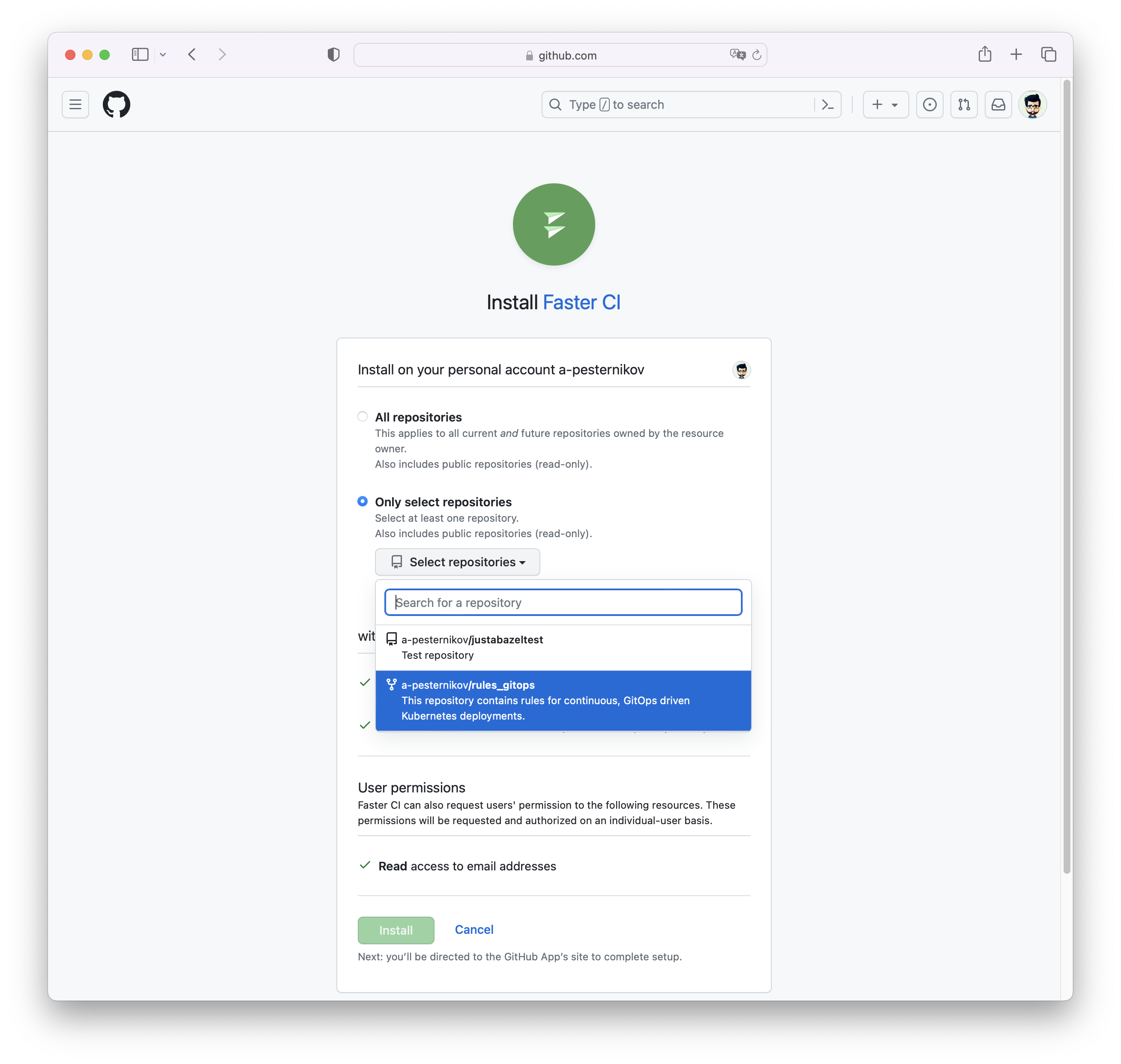 Github select repository